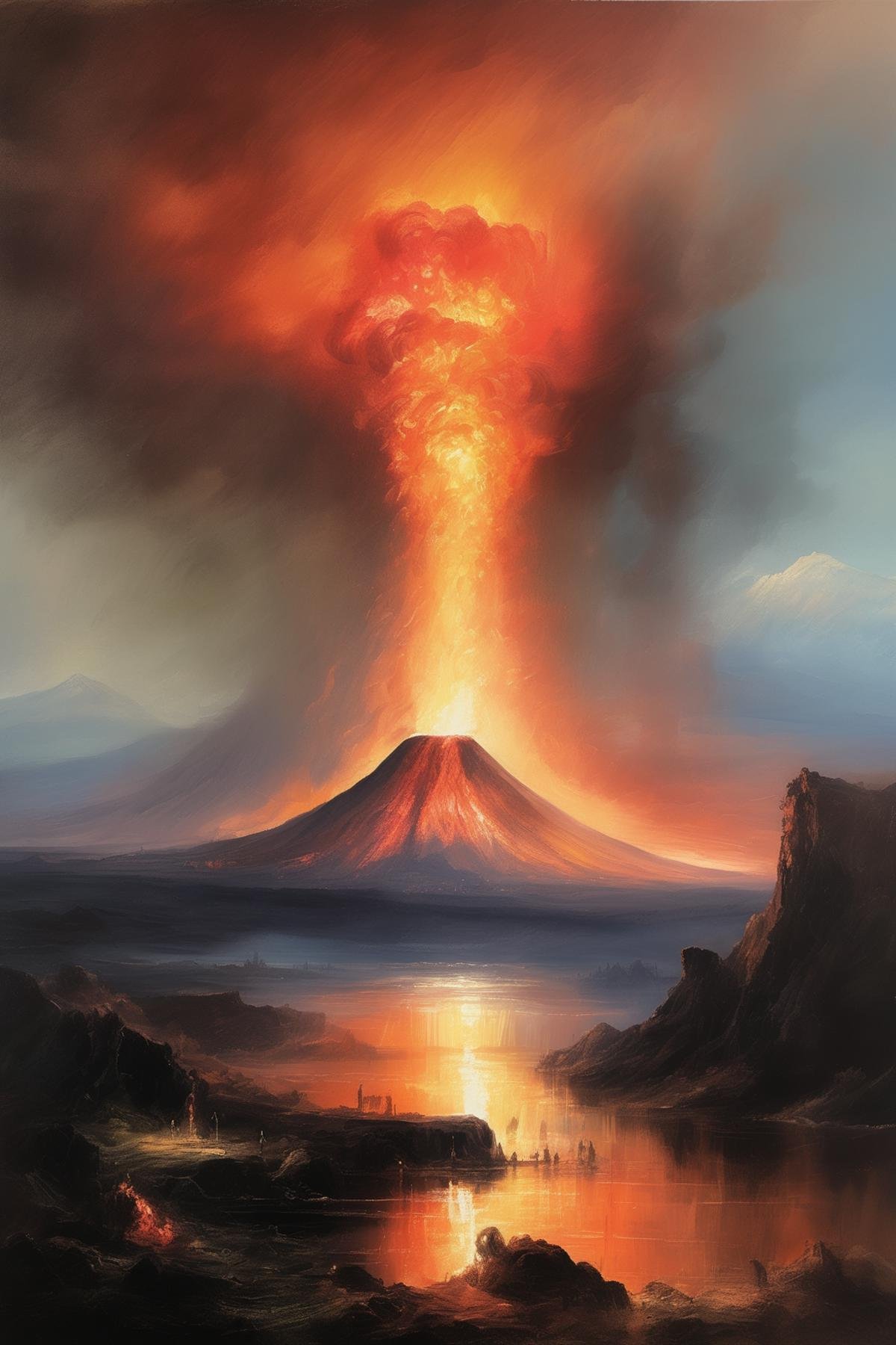 John Martin Style - a beautiful summer evening overlooking a volcanic eruption with lava spewing out of the top,  luminism...