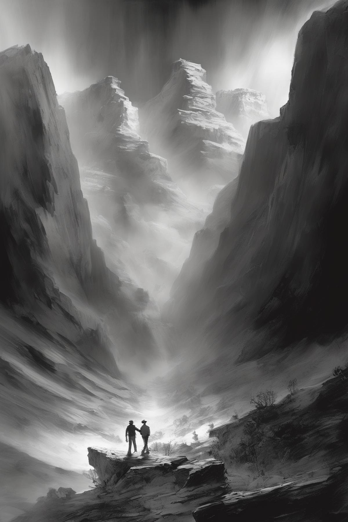 John Martin Style - living a very happy life on the surface in the syle of bob ross,  a grand canyon sized tectonic event...