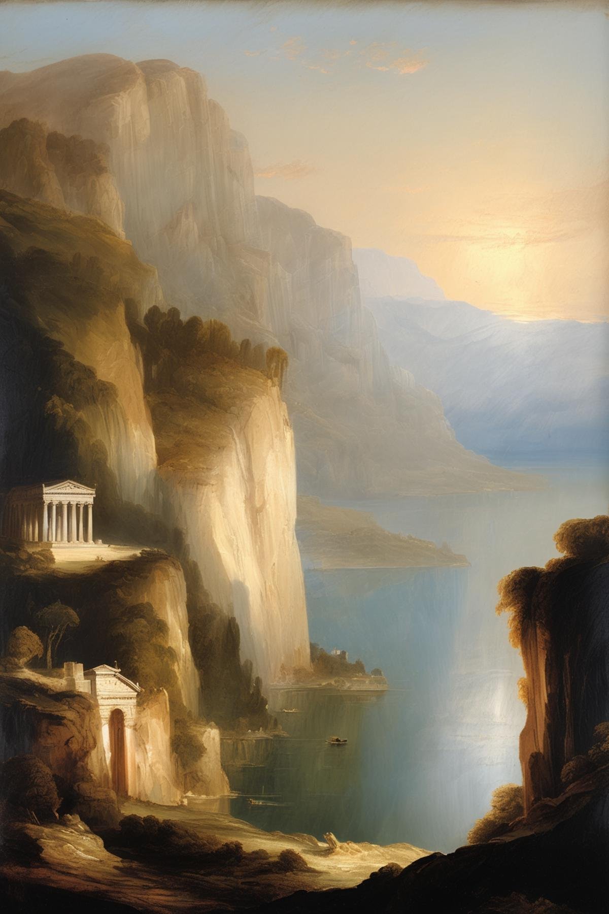 John Martin Style - turner oil painting of cliff side over Italian lakes with classical temples by Kappa_Neuro on Tensor.Art