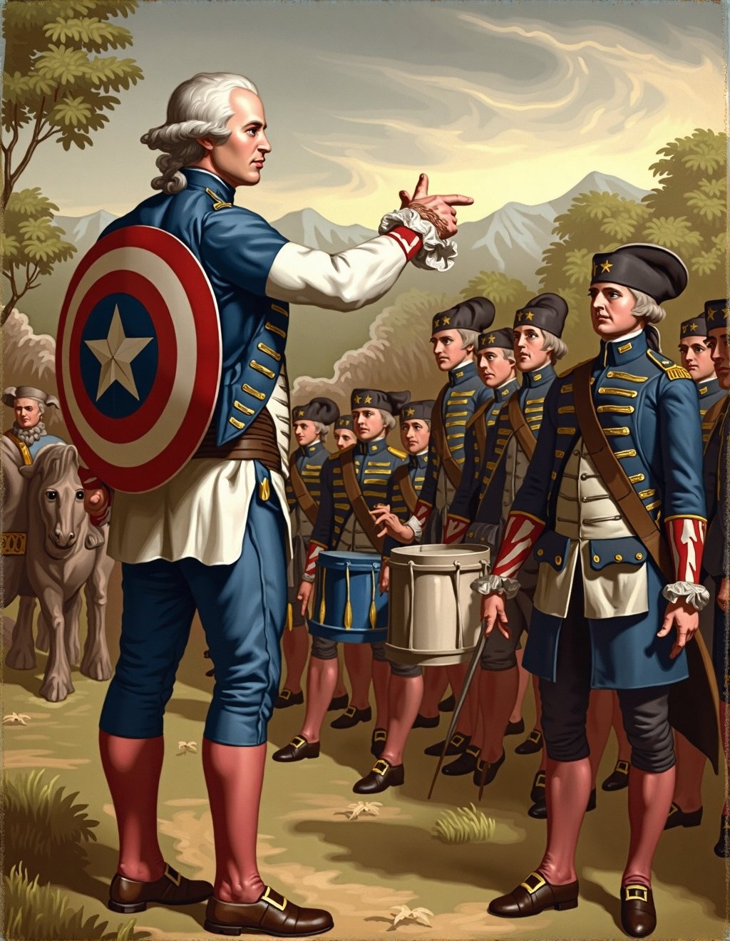 John Singleton Copley Style,  Captain America addresses revolutionary troops on the eve of battle. He stands on a wooden p...