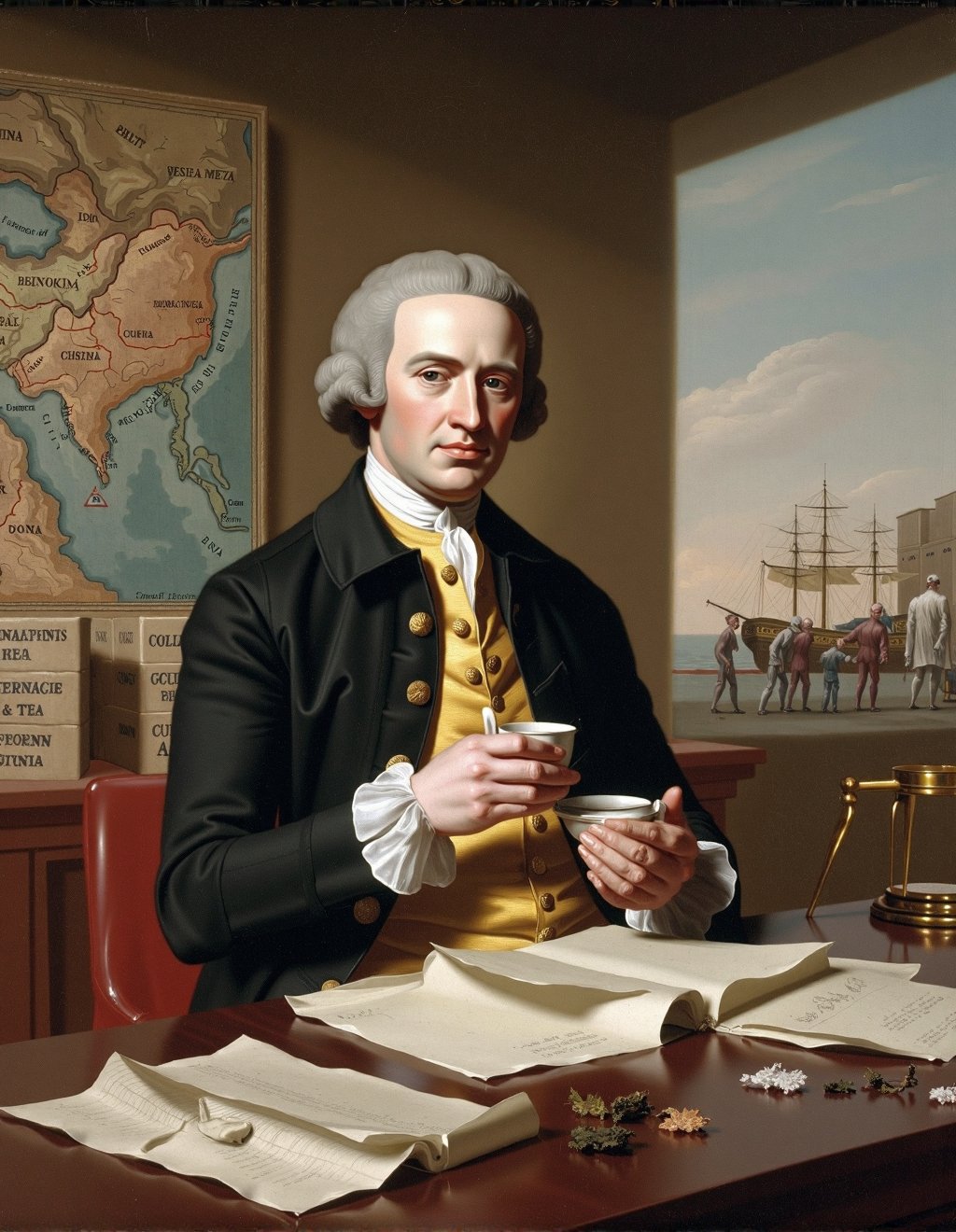 John Singleton Copley Style,  A Boston tea merchant samples a new shipment in his counting house. He holds a porcelain cup...