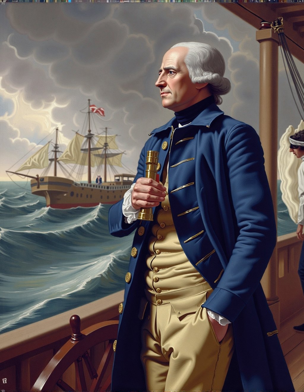 John Singleton Copley Style,  A ship captain stands on the deck of his vessel as it navigates treacherous waters. His weat...