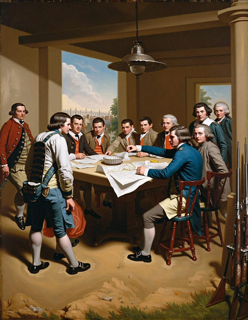 John Singleton Copley Style,  A revolutionary war council convenes in a commandeered farmhouse. Officers in various states...