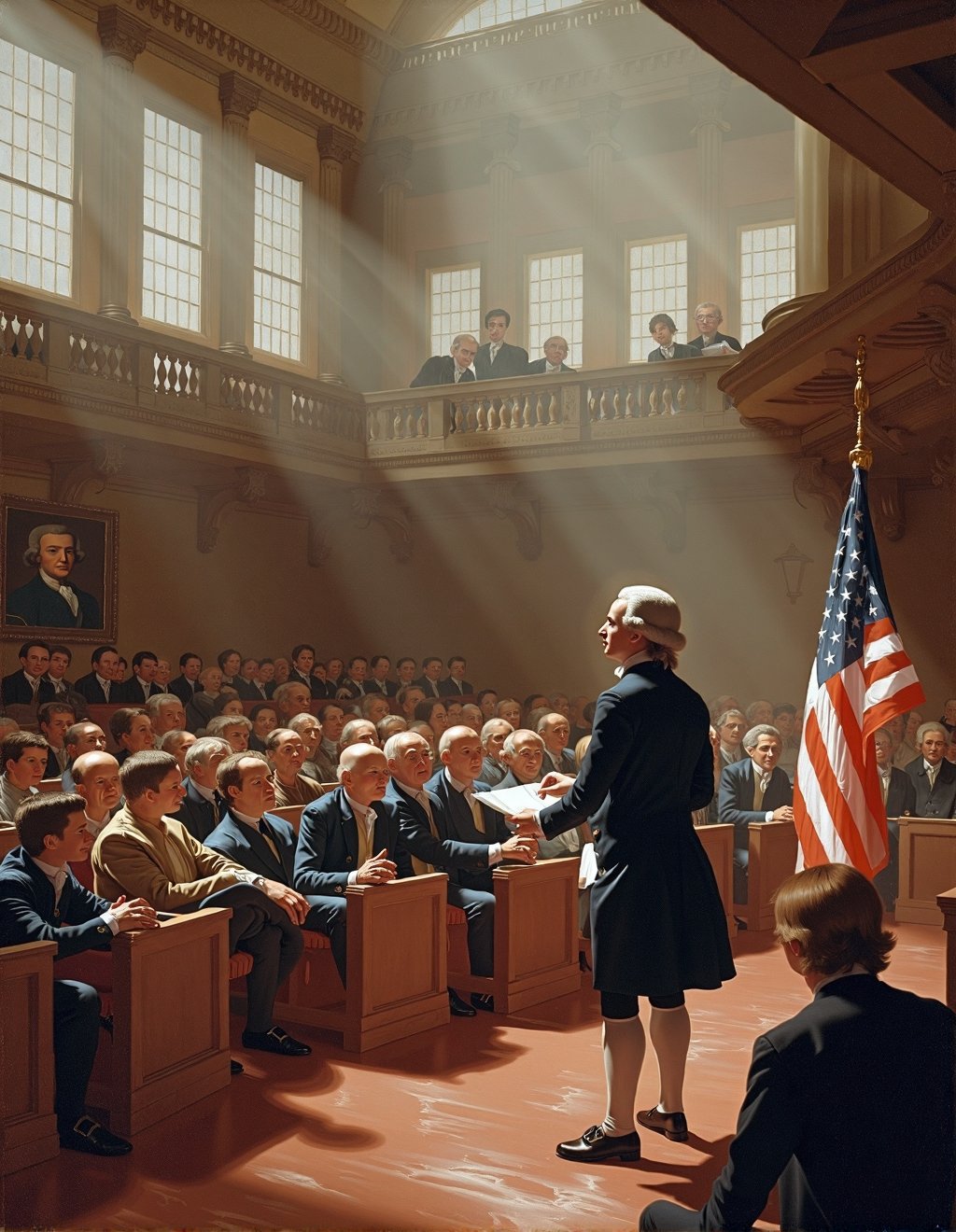John Singleton Copley Style,  A colonial politician addresses a gathering in an elegant town meeting hall. His oratorical...