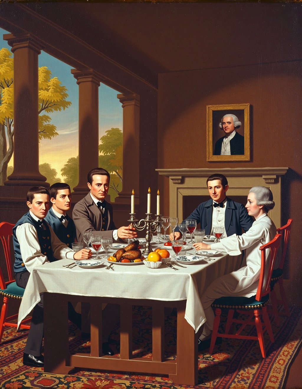 John Singleton Copley Style,  A wealthy merchant's family gathers in their formal dining room for an evening meal. Silver...