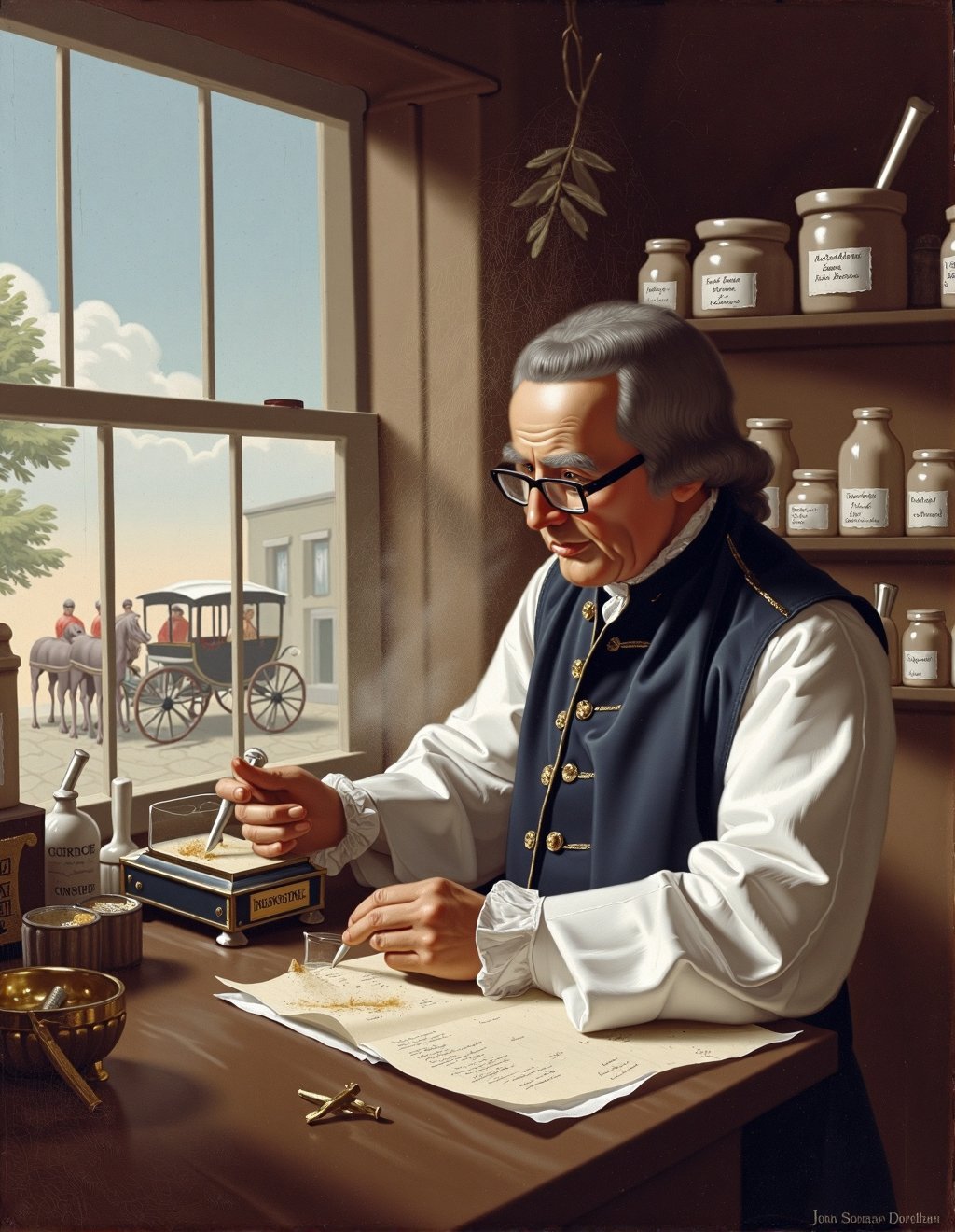 John Singleton Copley Style,  A colonial apothecary compounds medicines in his shop filled with glass bottles and ceramic...