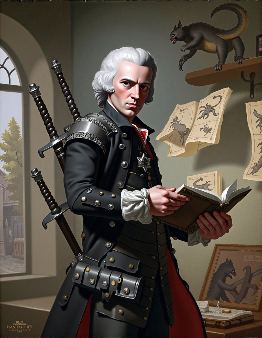 John Singleton Copley Style,  Geralt of Rivia consults a bestiary in a colonial-era study filled with specimens of suppose...