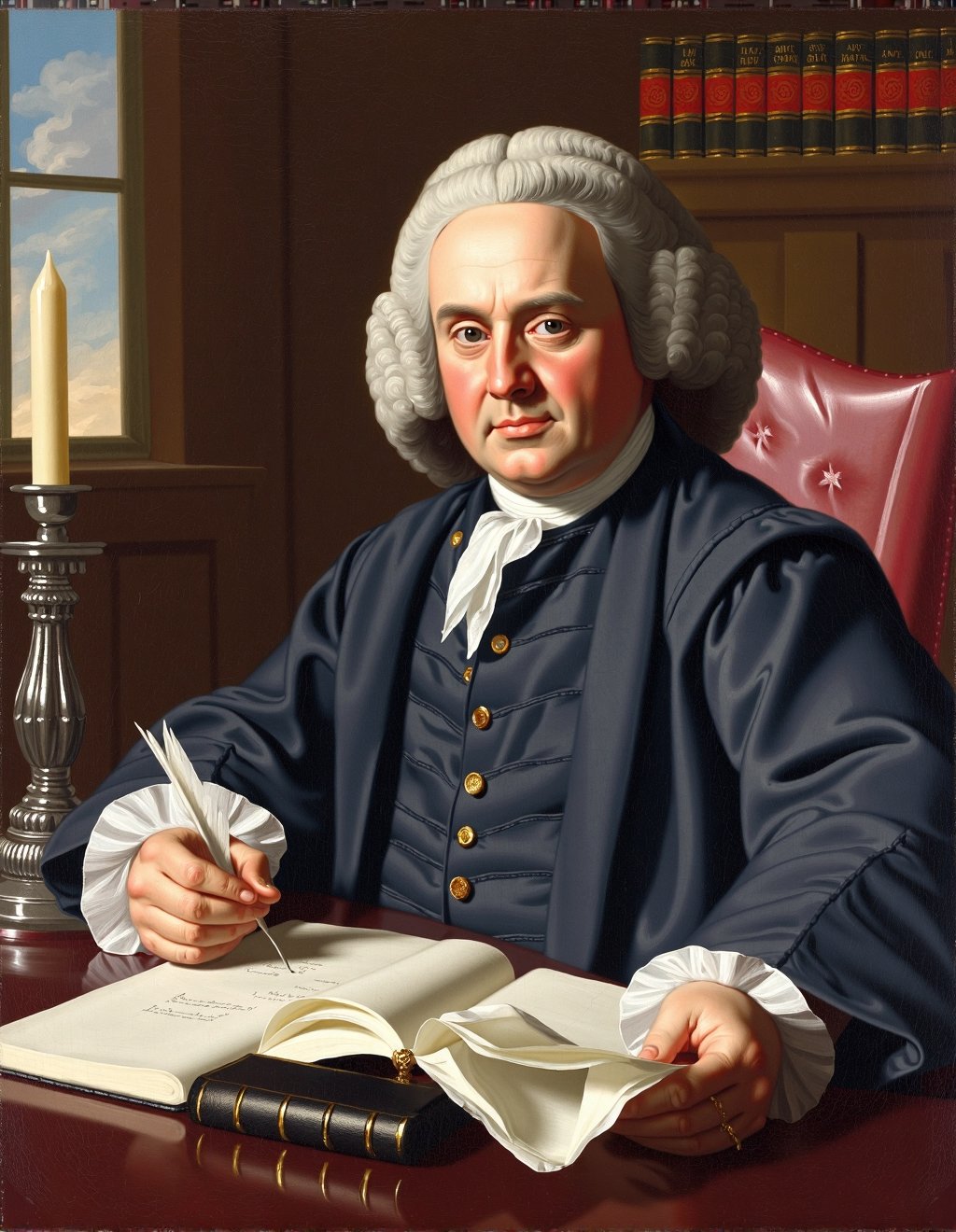 John Singleton Copley Style,  A colonial judge sits in his chambers wearing ceremonial robes and powdered wig. Law books w...
