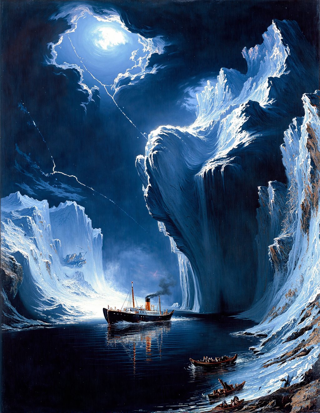 John Martin Style,  The Titanic faces destruction as the colossal iceberg towers over the doomed vessel,  moonlight reveal...