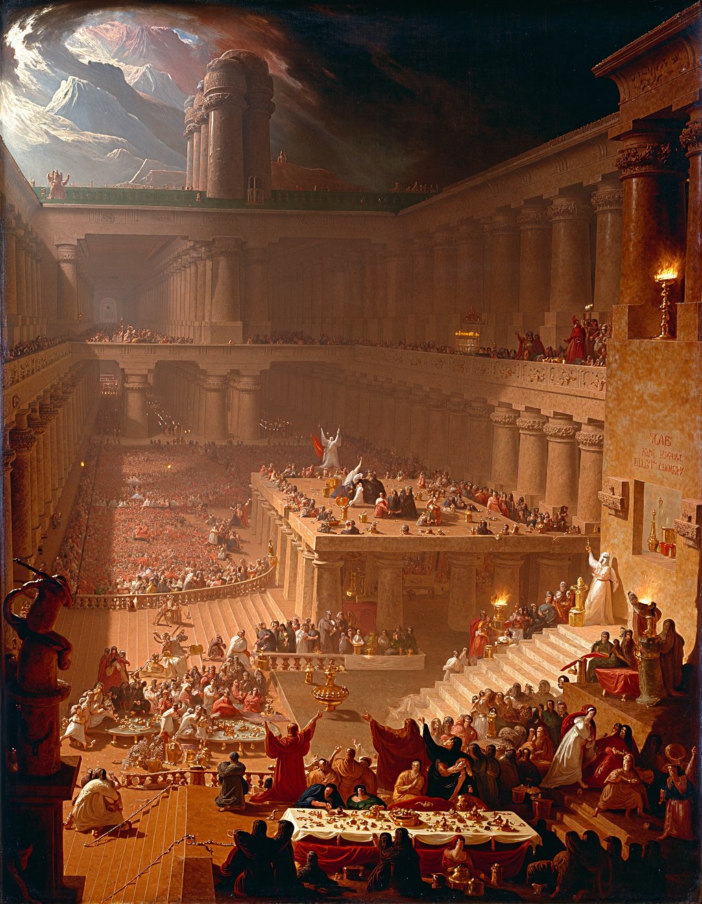 John Martin Style,  Belshazzar's feast unfolds in a Babylonian palace of impossible proportions,  with pillars tall as mou...