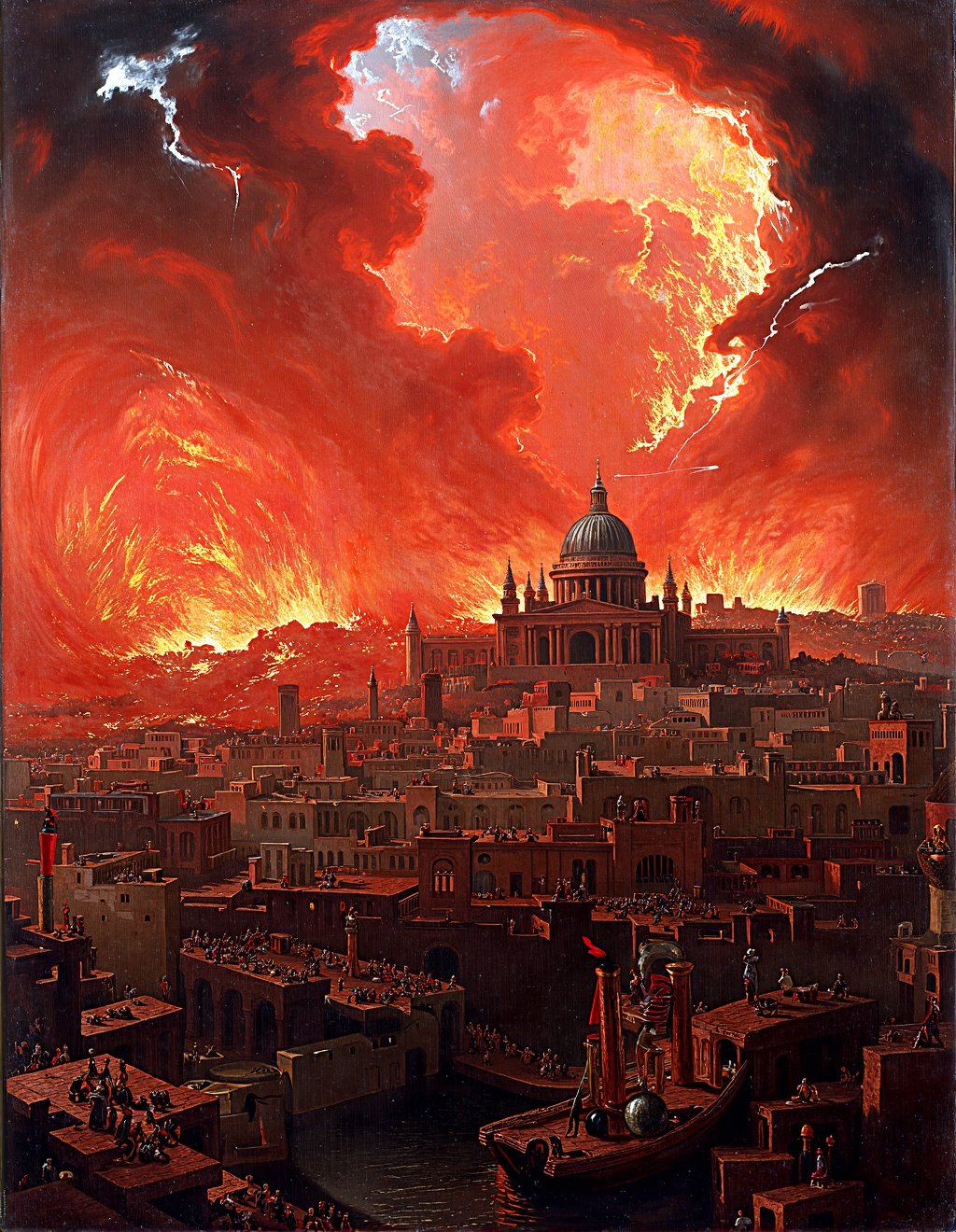 John Martin Style,  The Great Fire of London devours the medieval city as St. Paul's Cathedral stands silhouetted against...