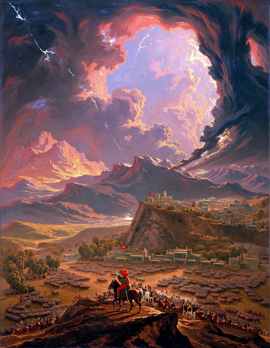 John Martin Style,  Joshua commands the sun to stand still over a vast battlefield where armies clash beneath a sky of sup...