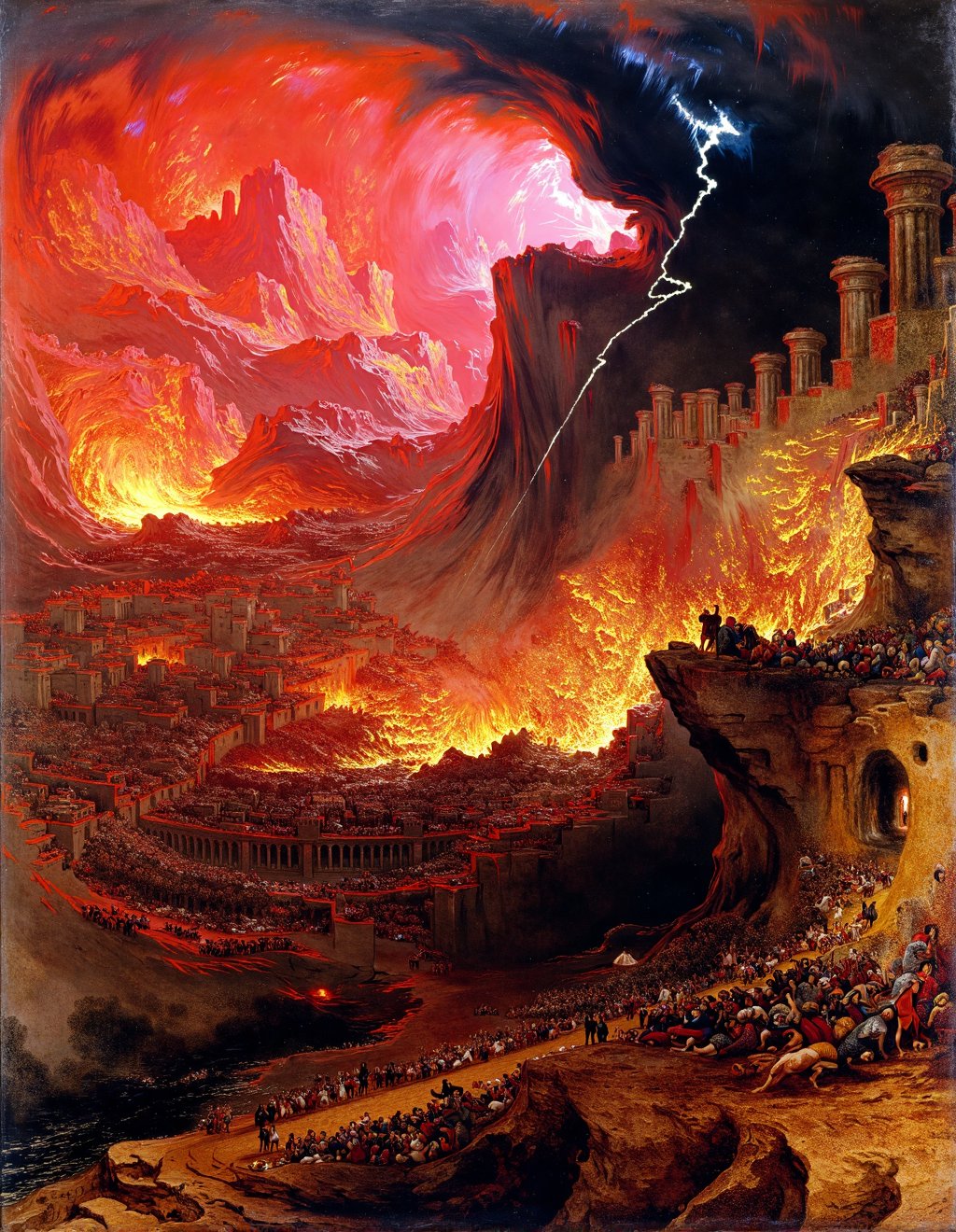 John Martin Style,  A vast apocalyptic landscape where jagged mountains silhouette against blazing skies of crimson and go...