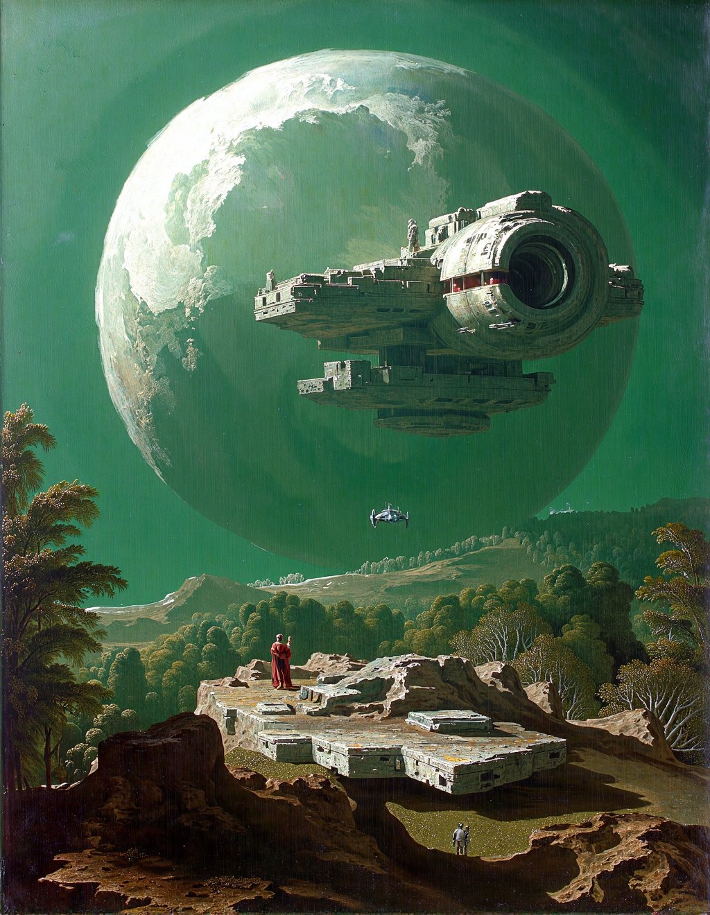 John Martin Style,  The Emperor surveys the second Death Star's construction above Endor,  the colossal incomplete sphere...