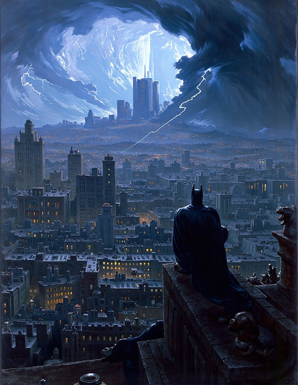 John Martin Style,  Gotham City stretches impossibly across a jagged landscape as apocalyptic storm clouds gather above. B...