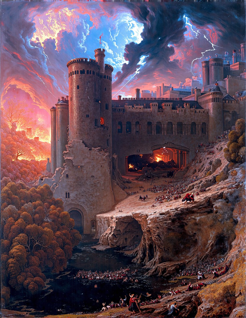 John Martin Style,  Harry Potter witnesses the final battle of Hogwarts as the ancient castle suffers apocalyptic destruct...