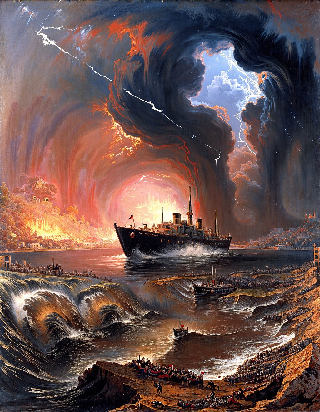 John Martin Style,  The Monitor and Merrimack clash beneath storm clouds as naval warfare enters its industrial age. The i...
