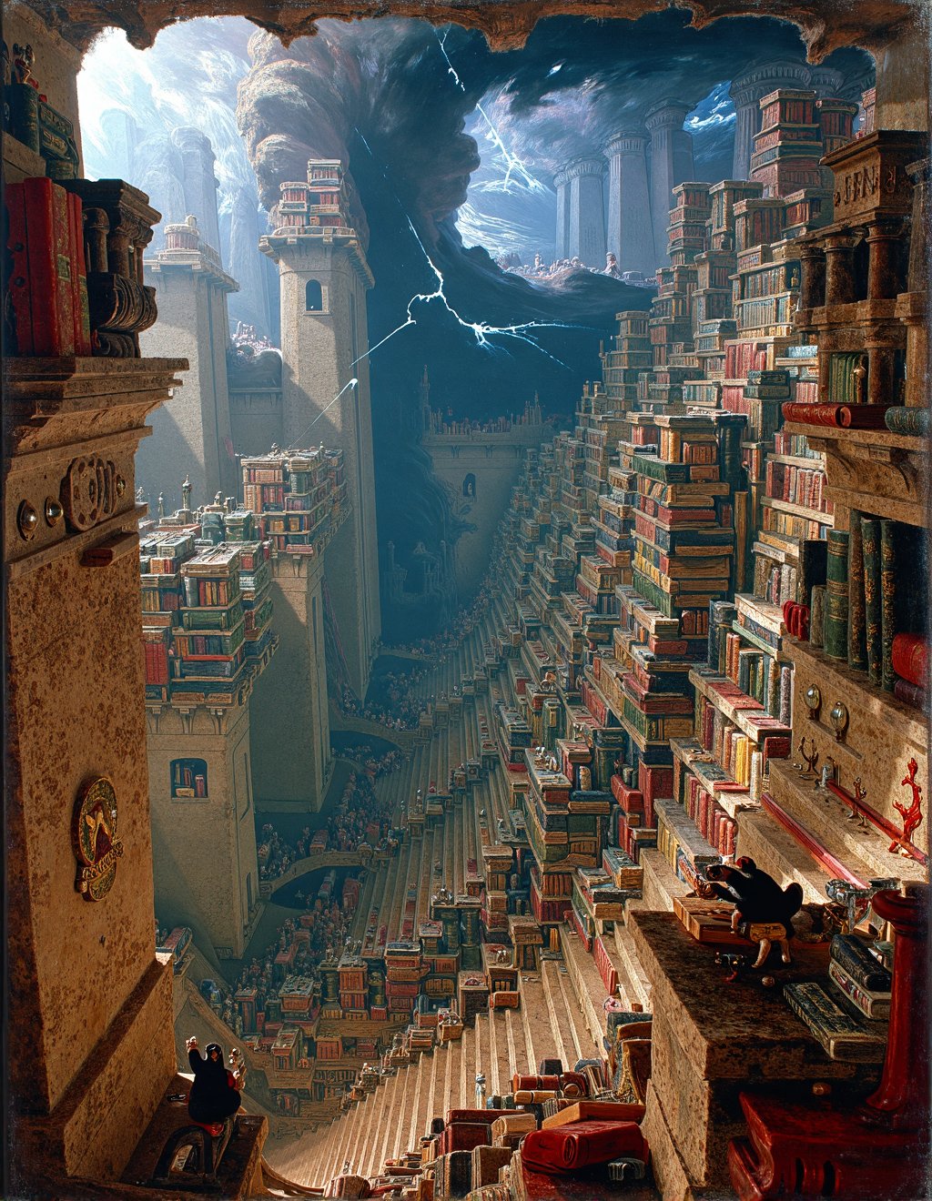 John Martin Style,  A cosmic library stretches infinitely across impossible architecture where knowledge from countless ci...