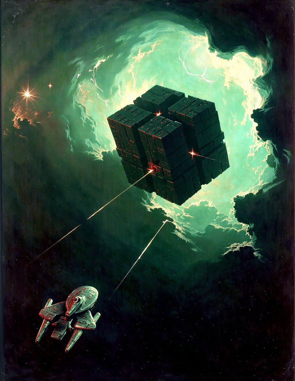 John Martin Style,  The Enterprise faces a vast Borg cube that dwarfs the starship completely,  lightning-like energy disc...