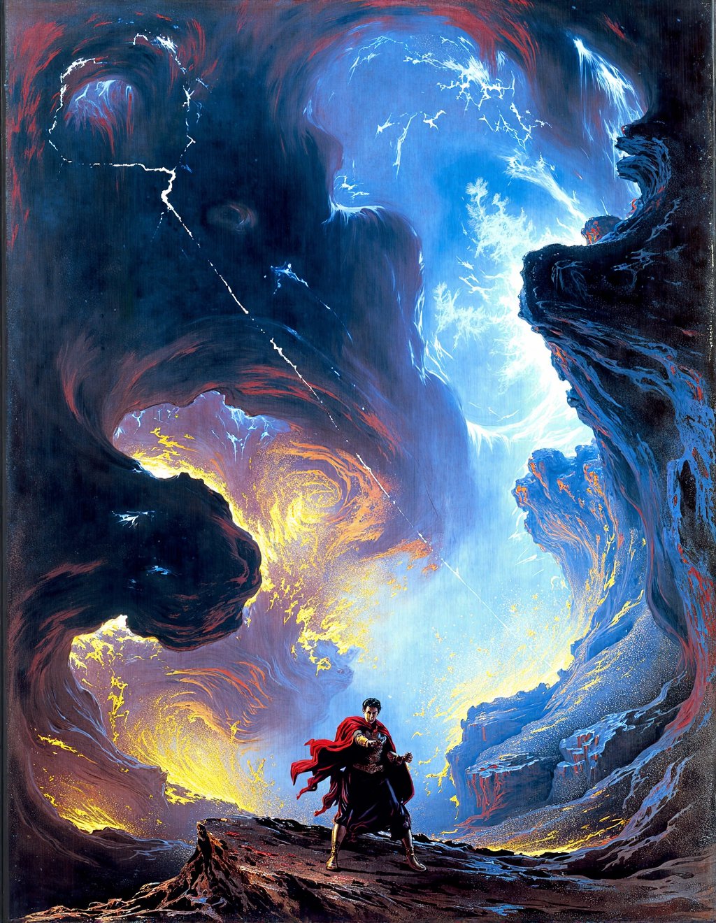 John Martin Style,  Doctor Strange confronts Dormammu across dimensional barriers where reality itself fractures into crys...