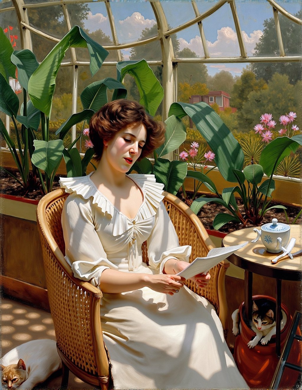 John Singer Sargent Style,  A woman reads a letter in a garden conservatory filled with exotic plants and flowers. Her exp...