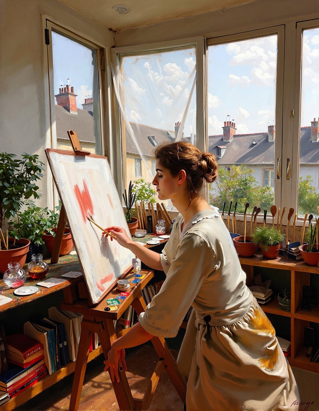 John Singer Sargent Style,  A female artist works at her easel in a sunlit Parisian studio apartment. Her brushes are pois...