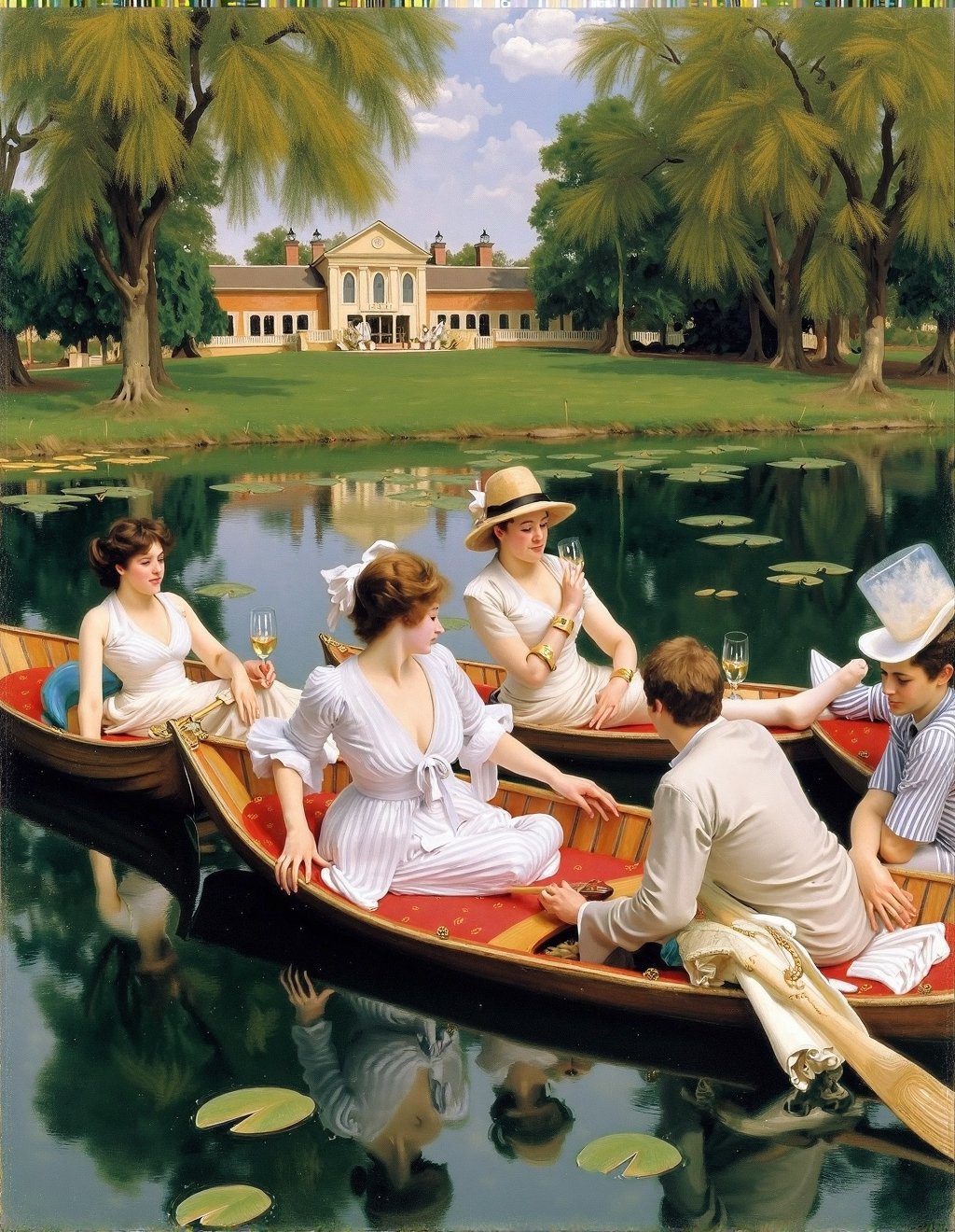 John Singer Sargent Style,  A boating party enjoys a summer afternoon on a tranquil lake. Women in white dresses and men i...