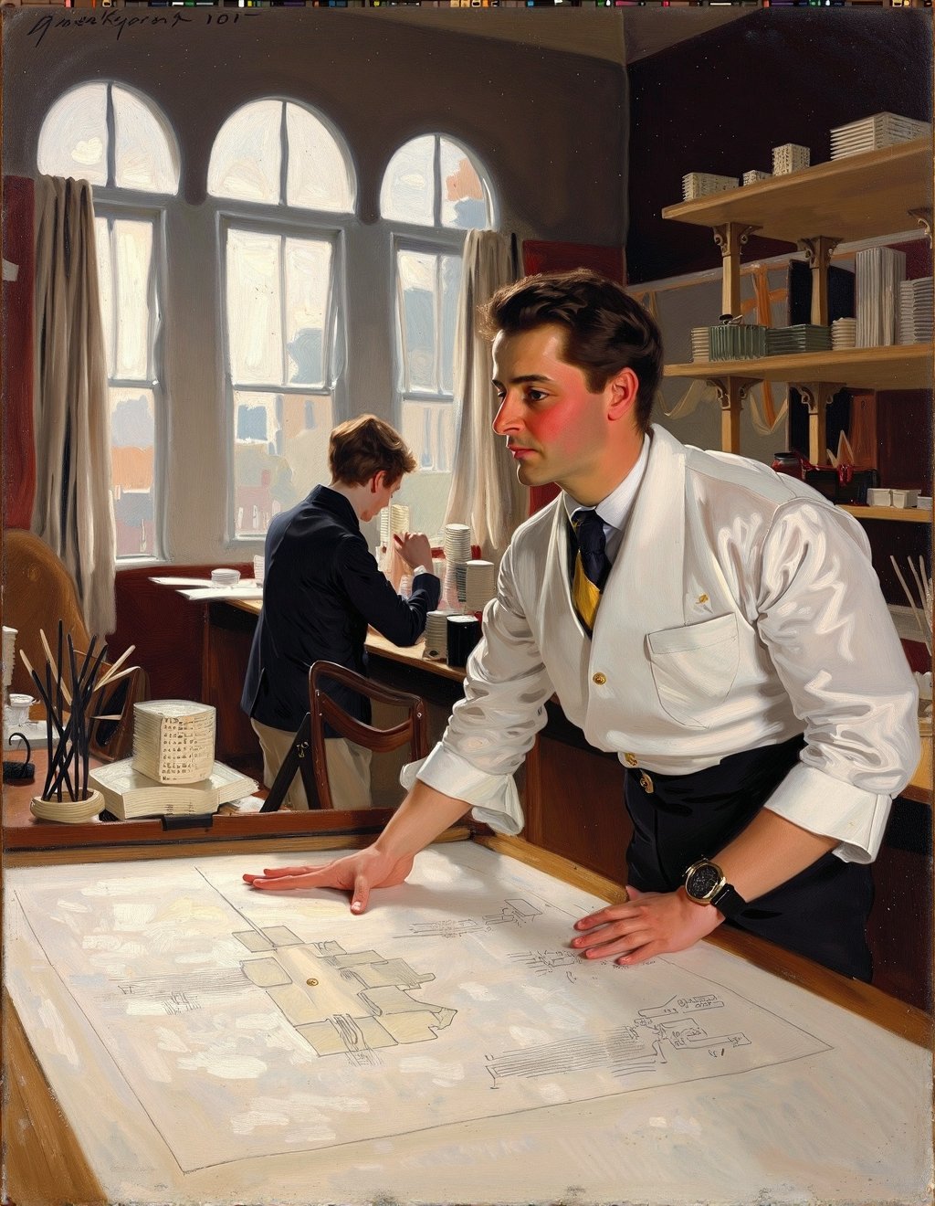 John Singer Sargent Style,  An architect reviews blueprints in his office within a Beaux-Arts building. His sleeves are ro...