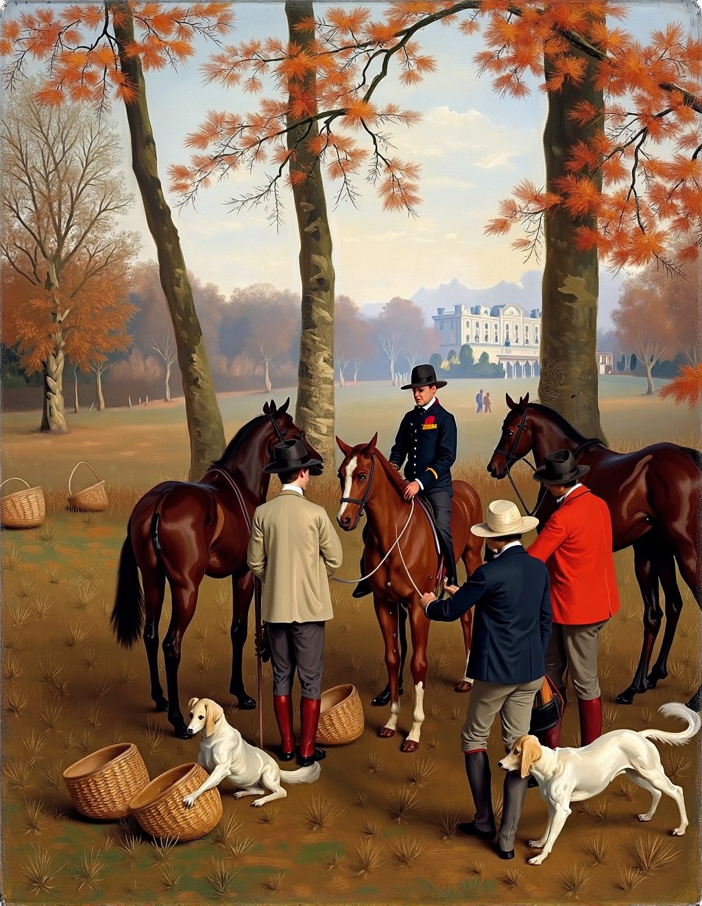John Singer Sargent Style,  A hunting party rests at the edge of an autumn forest. Gentlemen in tweed jackets and ladies i...