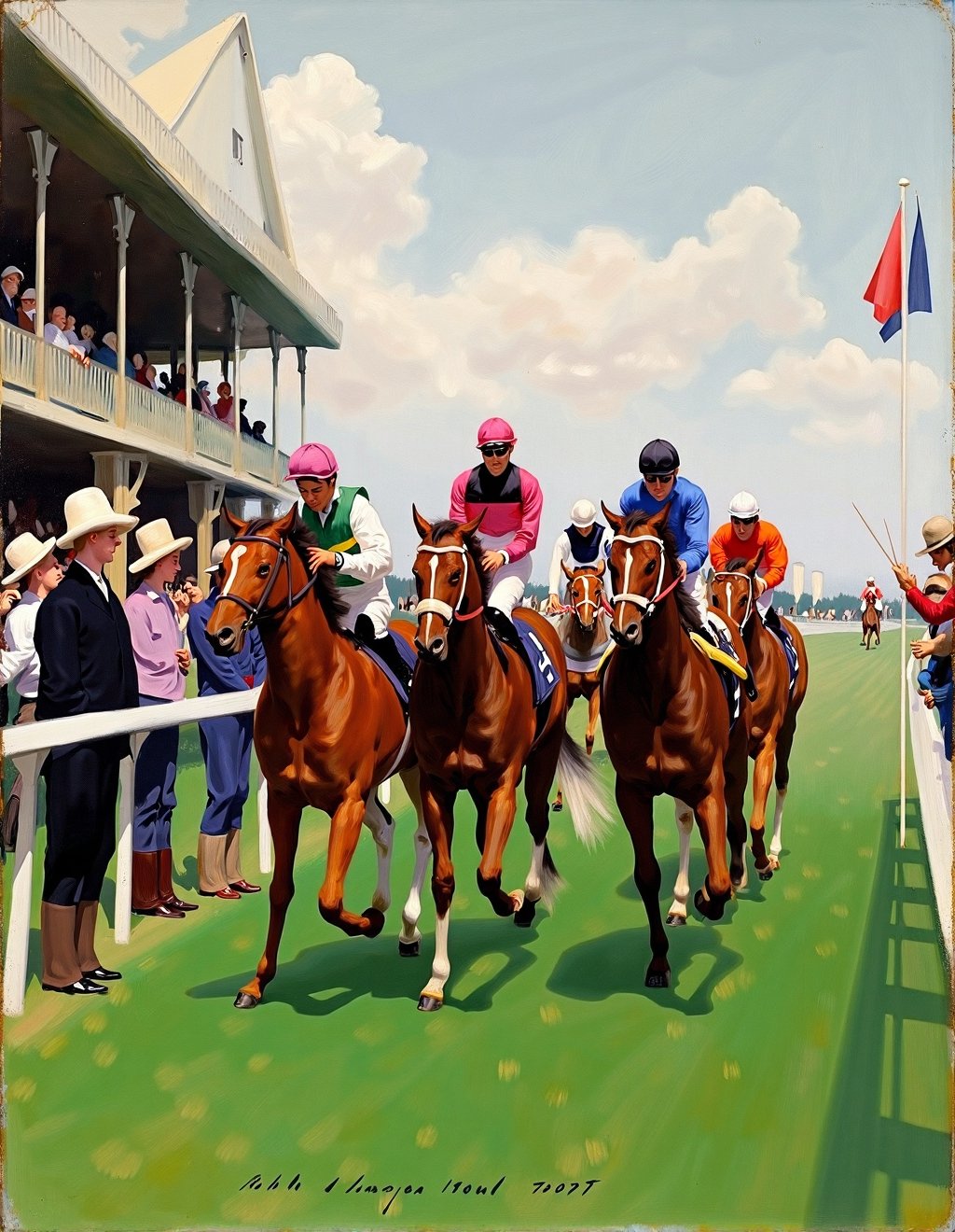 John Singer Sargent Style,  A horse race approaches its exciting conclusion as thoroughbreds thunder down the final stretc...