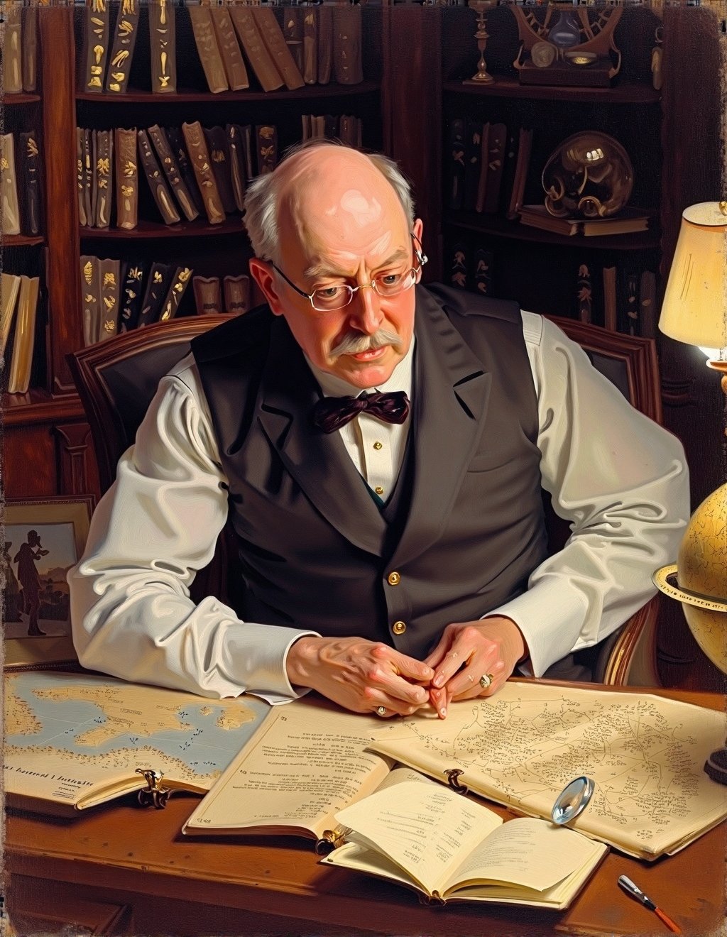 John Singer Sargent Style,  An elderly professor in his study examines an unusual artifact under a desk lamp. Bookshelves...