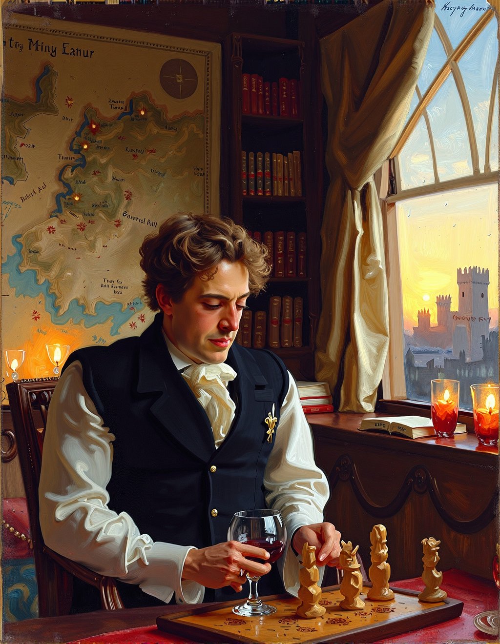 John Singer Sargent Style,  Tyrion Lannister contemplates a strategic move in a game of cyvasse in his chambers at King's...