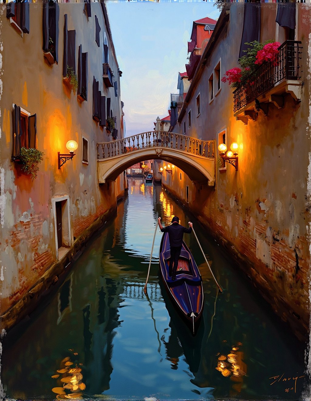 John Singer Sargent Style,  A Venetian gondolier navigates his craft through a narrow canal as evening approaches. Weather...
