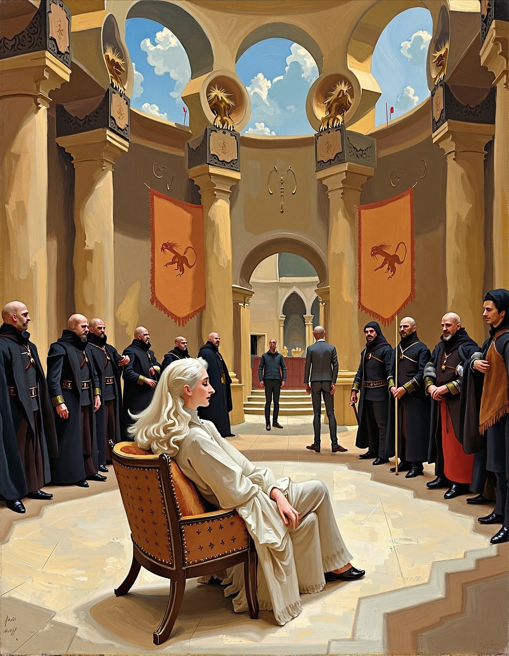 John Singer Sargent Style,  Daenerys Targaryen holds court in the great pyramid of Meereen. Her silver-blonde hair and reg...