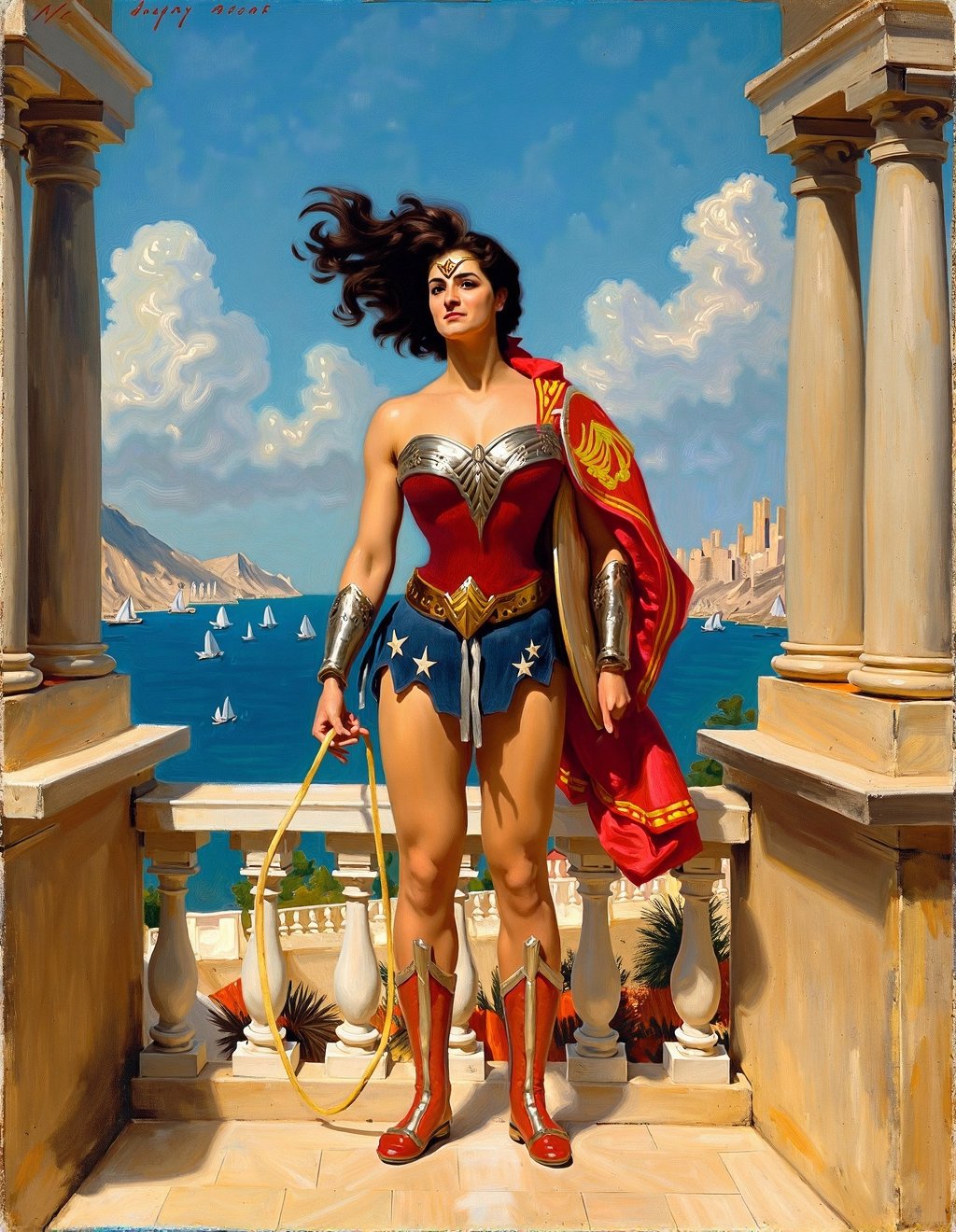 John Singer Sargent Style,  Wonder Woman stands on a balcony of Themyscira's royal palace overlooking the Aegean Sea. Her...