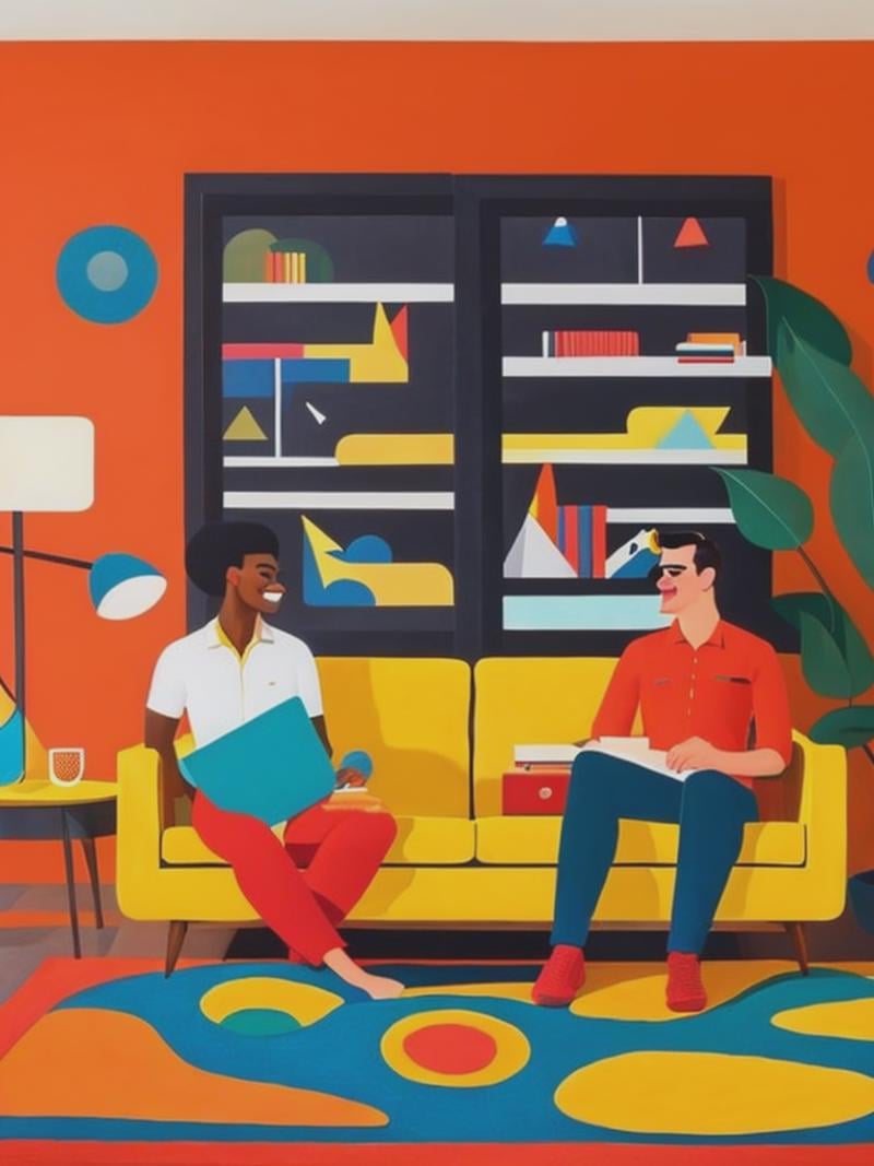 A couple sitting on their couch in their living room,  midcentury modern decor,  by Josh Agle by Kappa_Neuro on Tensor.Art