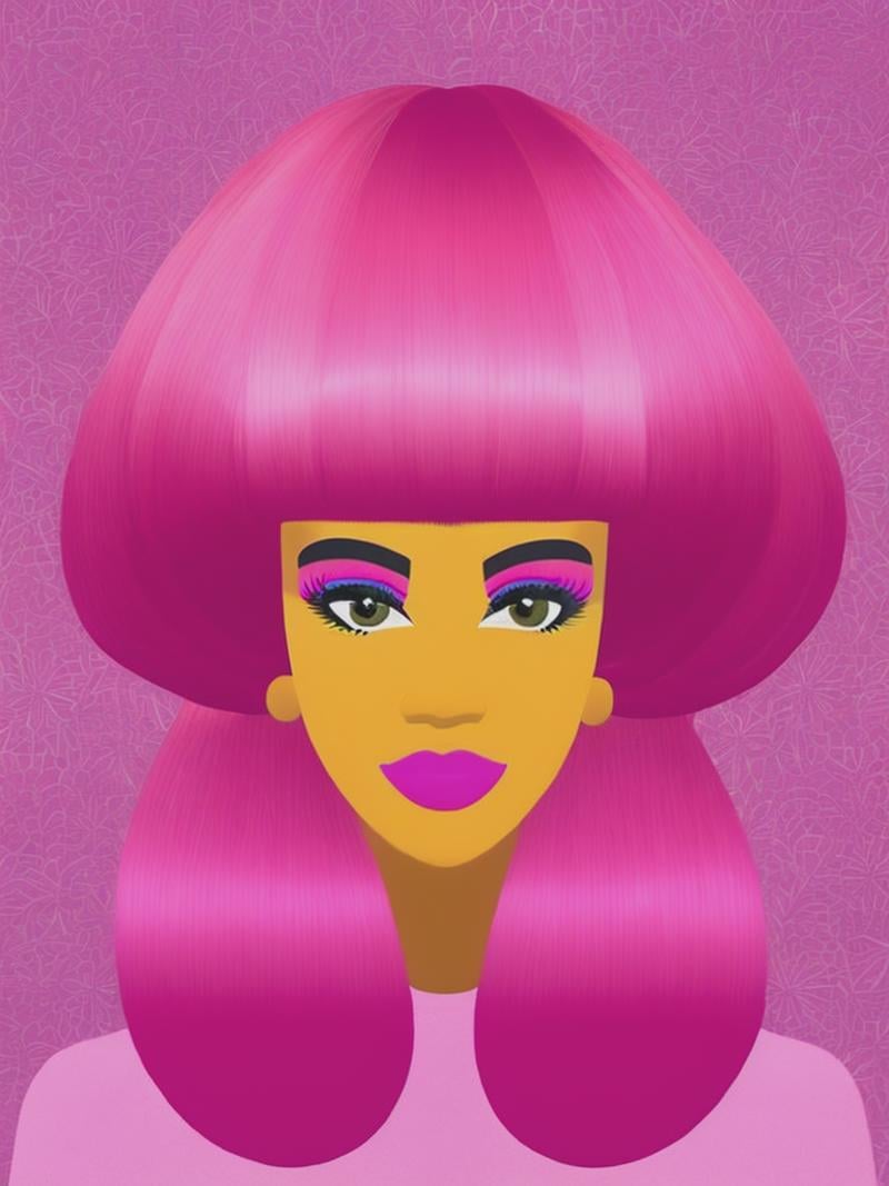 a giving wearing an enormous pink bouffant wig. Patterns. In the style of Josh Agle. by Kappa_Neuro on Tensor.Art