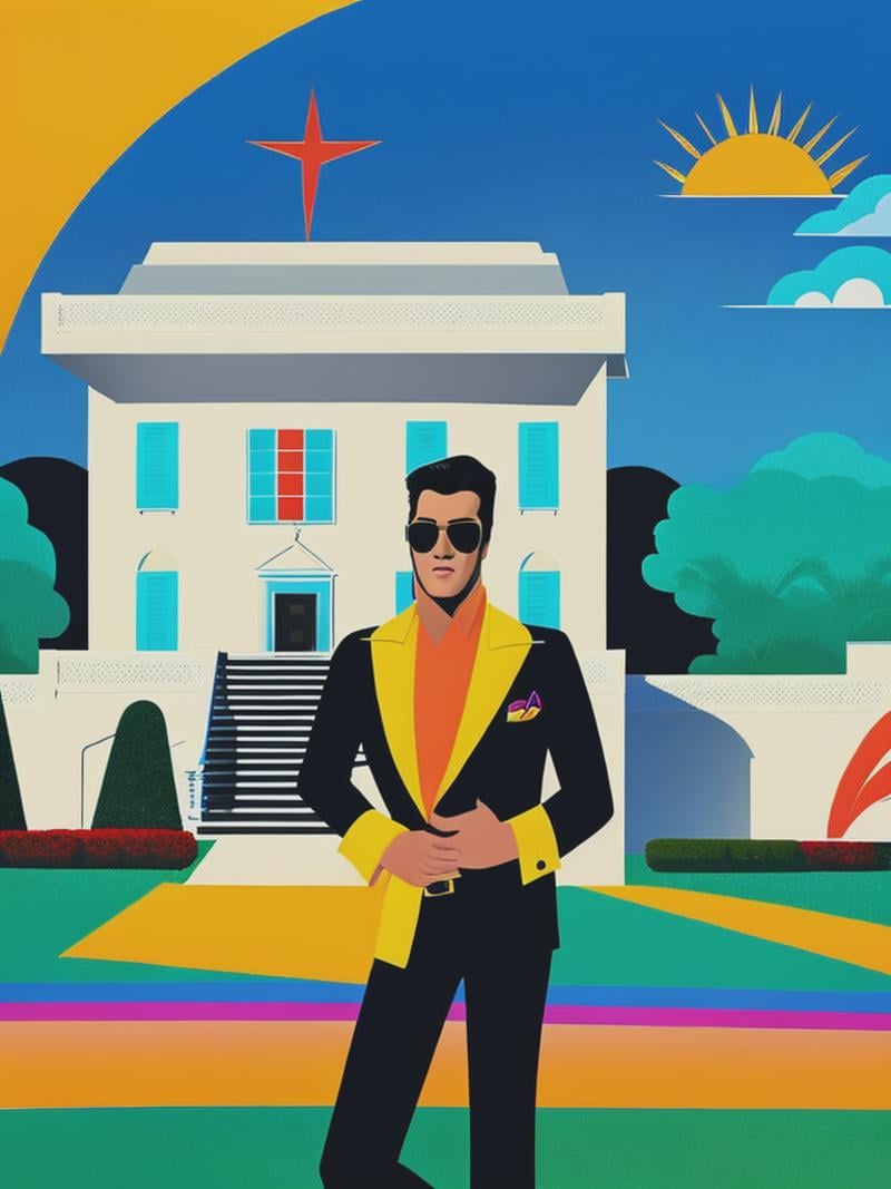 illustration in the style of josh agle of elvis in front of graceland by Kappa_Neuro on Tensor.Art