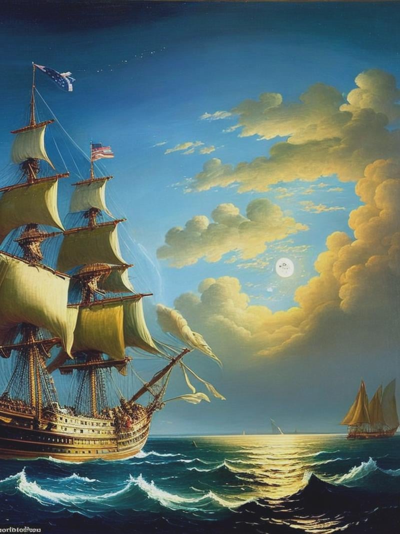 Captain James Cook observing the stars with his crew; The deck of HMS Endeavour in the middle of the Pacific Ocean; Bright...