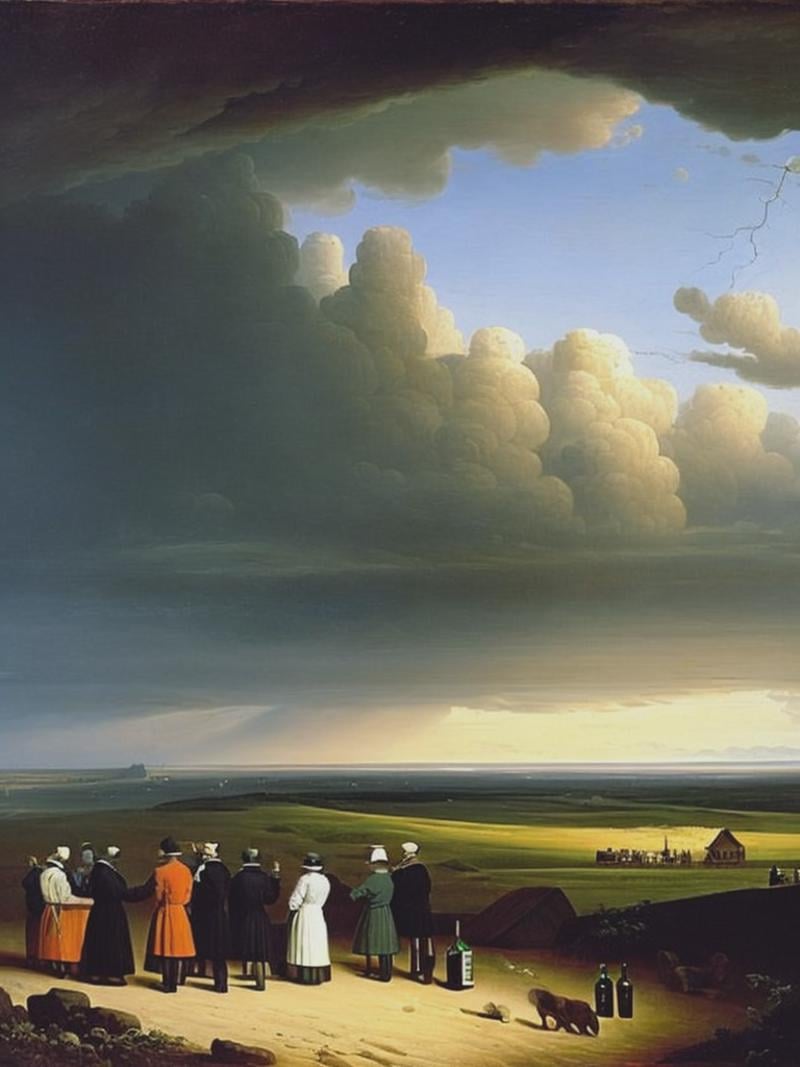 Caspar David Friedrich painting desolate stormy landscape with dark clouds,  with eight people drinking at a bar,  with wi...