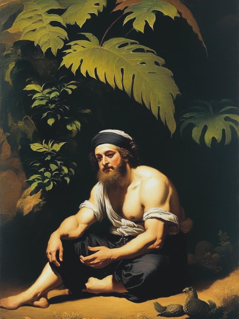 Rembrandt style painting of Jonah sitting under the shade of a large plant by Kappa_Neuro on Tensor.Art