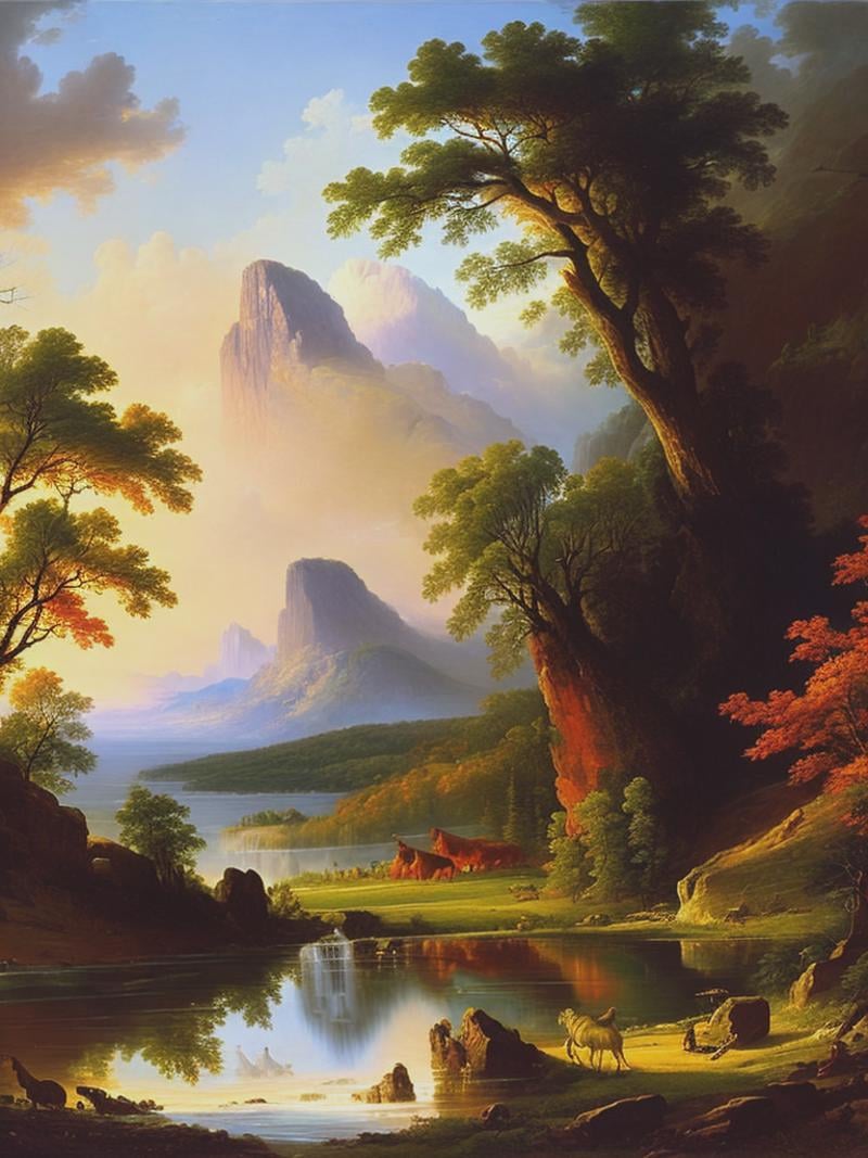 stunning prehistoric north America scenary. vivid colors. auburn sky. Asher Brown Durand style by Kappa_Neuro on Tensor.Art