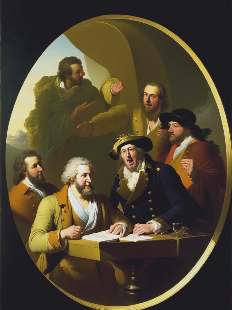 art of archimedes using joseph wright of derby style. He is amazed after an eureka moment,  happy. People around him surpr...