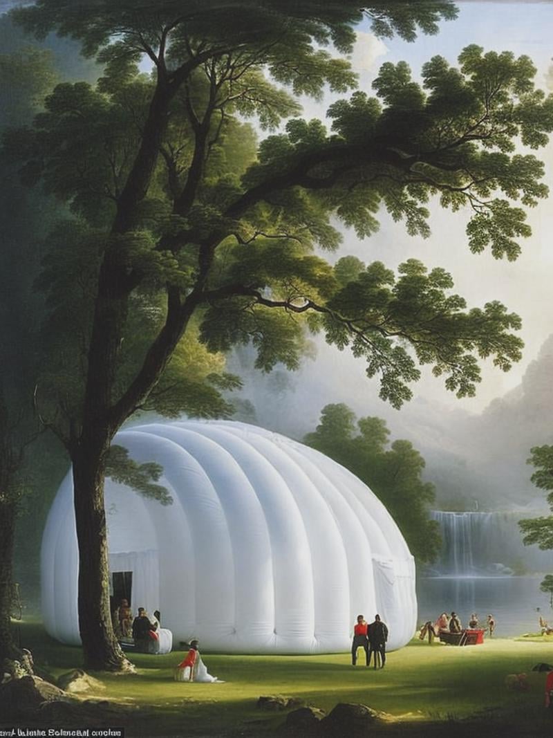 Early Morning at Cold Spring (1850) by Asher Durand. Inflatable house made out of white soft fabric. people hanging from t...