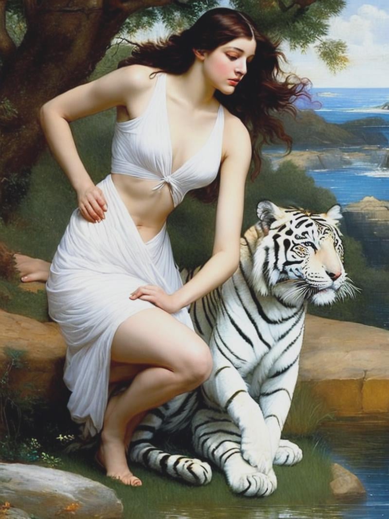full body,  beautiful woman playing with white Tiger,  by william waterhouse by Kappa_Neuro on Tensor.Art