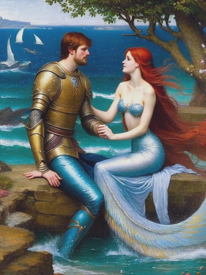 a beautiful mermaid in love with a Knight,  an oil painting by John William Waterhouse in 8k by Kappa_Neuro on Tensor.Art
