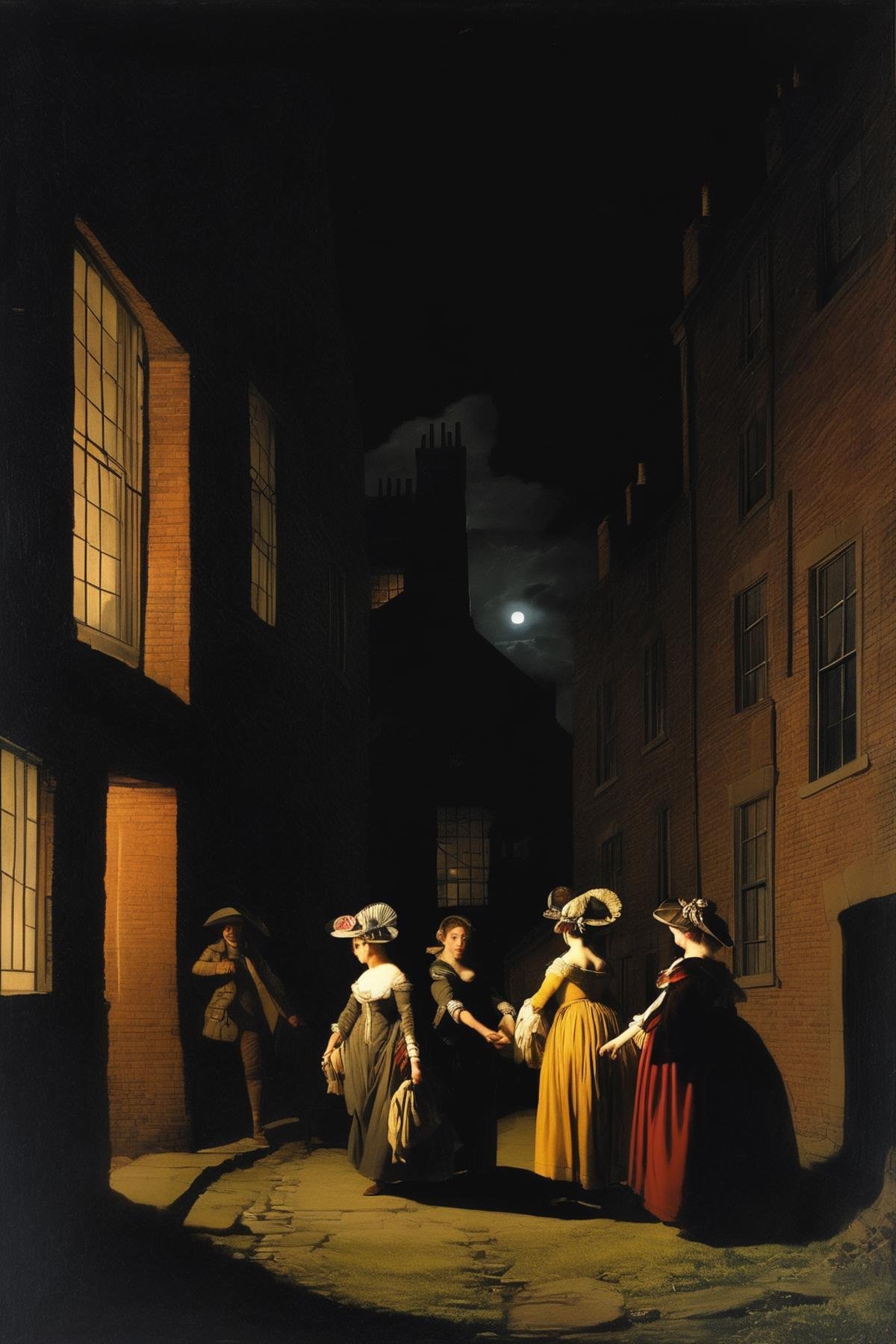 Joseph Wright Of Derby Style - create a realisitc picture from 2 joung woman in the year 1817 in birmingham that are walki...