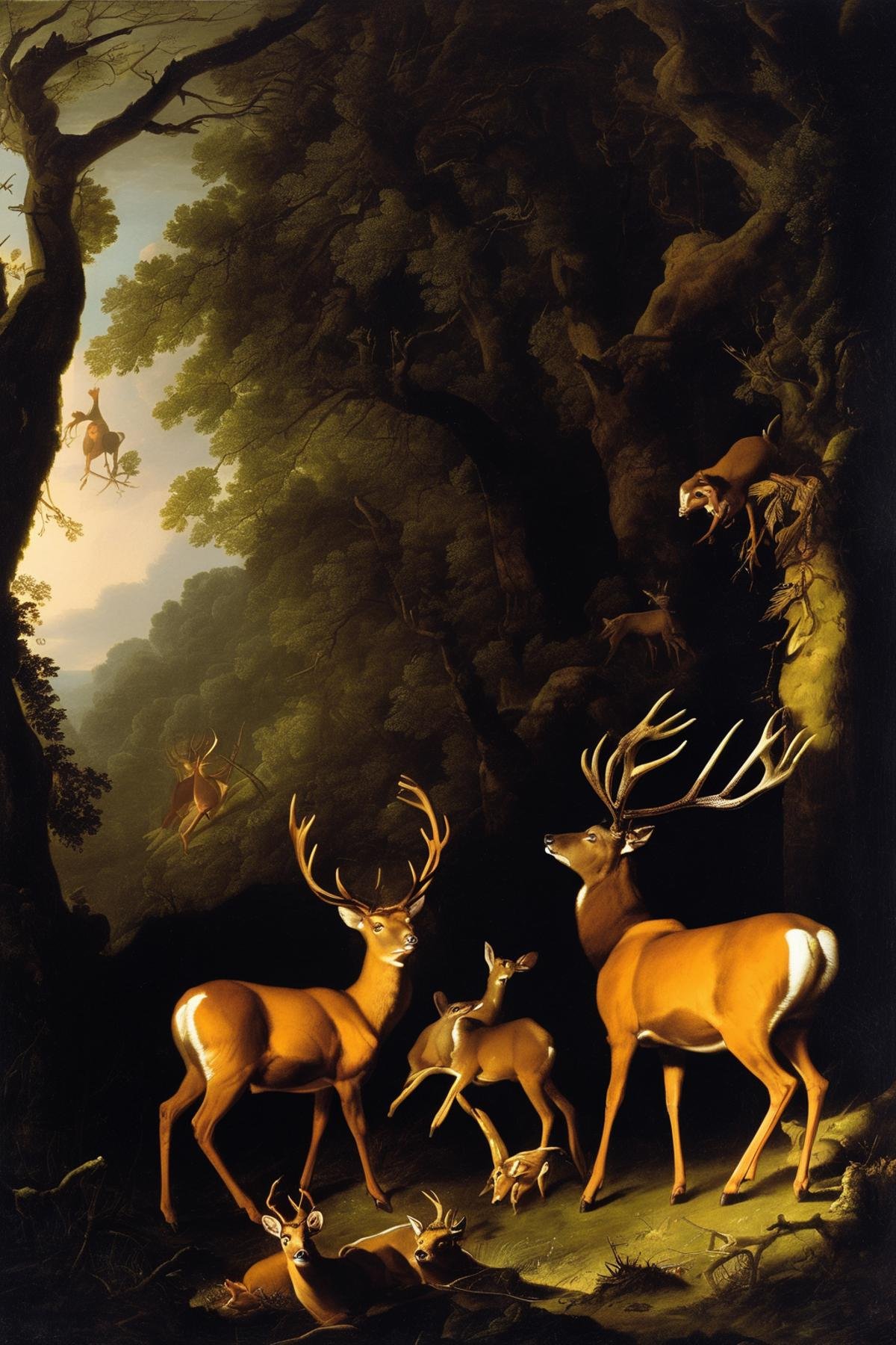 Joseph Wright Of Derby Style - a James Seymour,  Karl Reille inspired hunting scene where young stags and roe deer are hun...