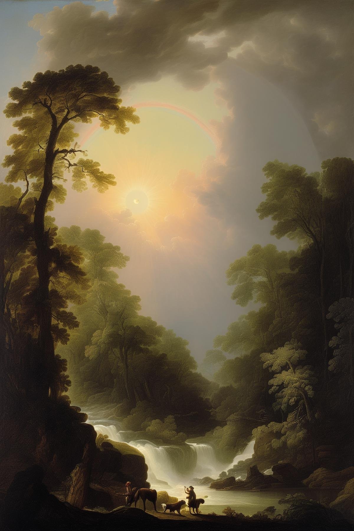 Joseph Wright Of Derby Style - sun dog the style of Claude Lorrain in a modern way,  style of Asher Brown Durand,  rainfor...