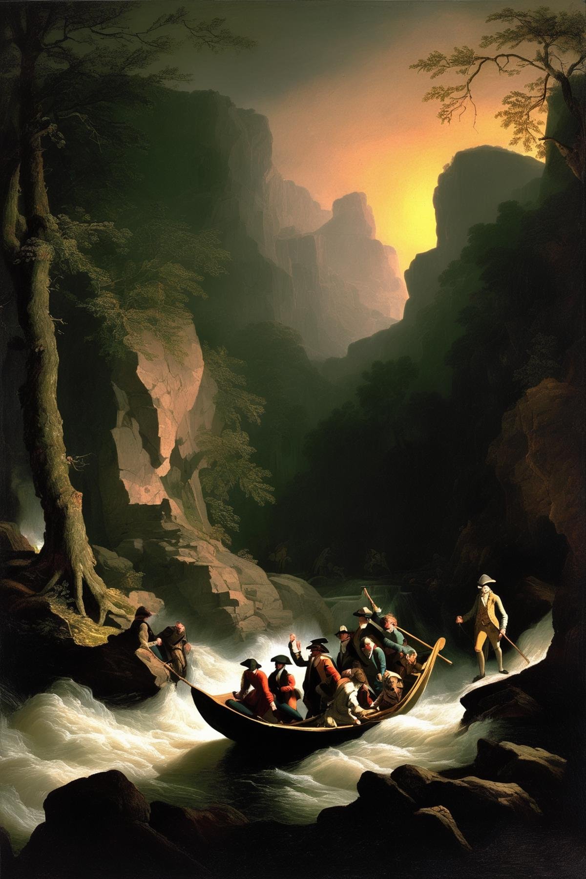 Joseph Wright Of Derby Style - recreate the painting of washington crossing the chasm in the same tone and style. change o...
